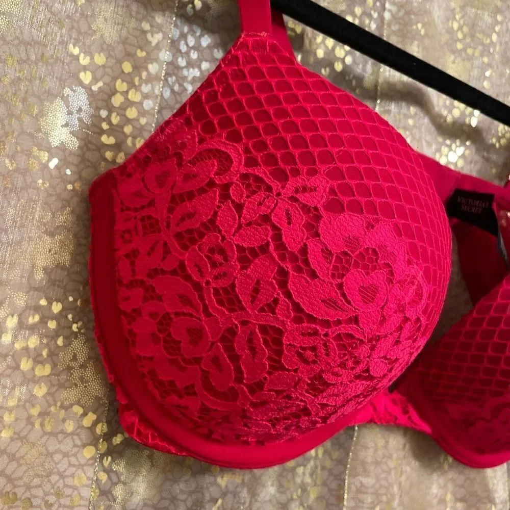 Victorias Secret Red Pink Lace Very Sexy Push Up Bra 34D NWOT